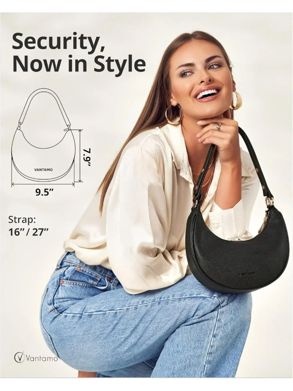 Vantamo Women's Bag Black Half Moon Clutch with Anti-Theft Clip for Extra Safety